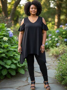 Clara Sun Woo Womens Cold Shoulder Ruffle Top Size L Black Asymmetric‎ Hem